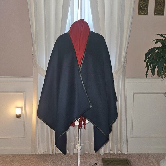 **SALE**Navy Blue Wool/Wool Blend Poncho/Cape with Leather Trim - Picture 2 of 7